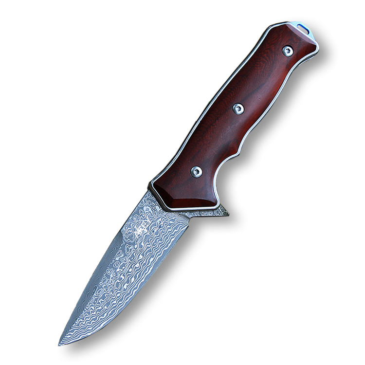 Damascus Red wood folding knife